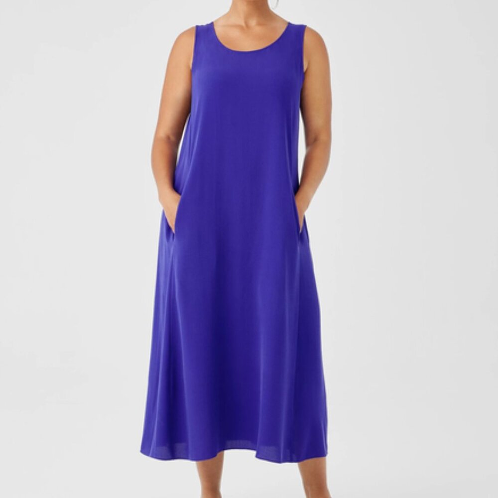 NWT Eileen Fisher Blue Violet Silk Georgette Crepe Scoop Neck F/L Dress